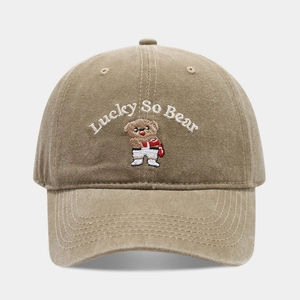 Vintage washed khaki baseball cap with Lucky Bear embroidery and adjustable strap