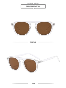 Detail view of transparent tea lens sunglasses with retro flat top and metal accents