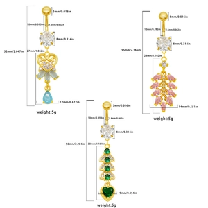 Detailed macro view showing product dimensions for heart-shaped gold belly rings with zircon