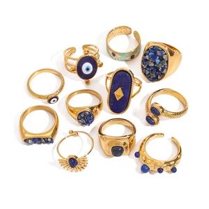Bohemian 11-piece set of gold stainless steel rings with blue natural stones and evil eye