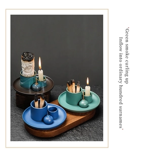 Detailed close-up of ceramic incense burner sets in Morandi blue and green hues