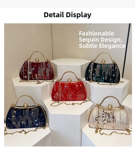Detail showing five colors of sequin evening bags with pearl clasps and metal handles
