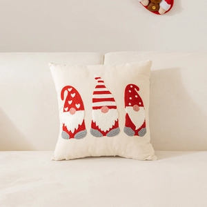 Funda de cojín navideño con bordado de gnomos en lino beige para sofá festivo