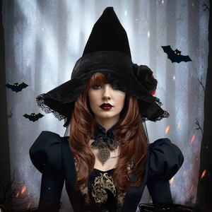 Baroque Witch Hat Velvet Gothic Halloween Costume Accessory Lace Rose Decor Long Mesh Veil Mystery Queen Style Women