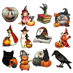 Detailed view of 12 vintage Halloween magnetic stickers with pumpkins and witches
