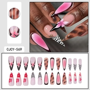 24pcs long stiletto press-on nails with pink flowers and leopard zebra patterns