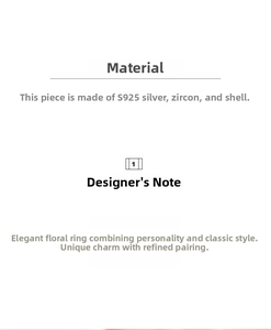 Detailed specification of the S925 sterling silver flower ring with zircon and shell
