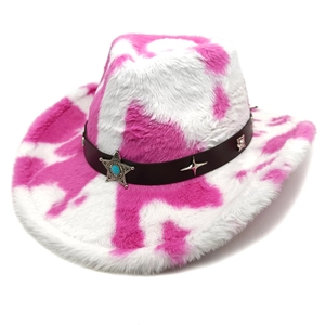Chapeau de cow-boy en peluche vache rose et blanc avec bande étoilée turquoise
