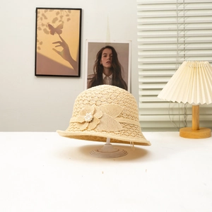 Beige woven sun hat with floral pearl detail and French style breathable lace design