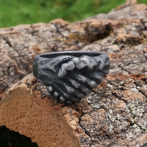 Vintage stainless steel handshake ring for men with a retro distressed silver finish