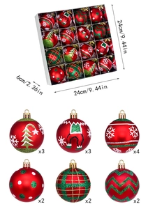 Vue détaillée du lot de 16 boules de Noël avec dimensions et quantités par motifs