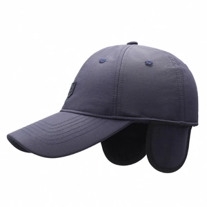 Men's winter waterproof baseball cap with ear flaps and thermal fleece lining in navy blue