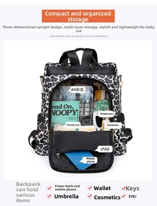 Detailed interior view of leopard print backpack showing large capacity and storage compartments