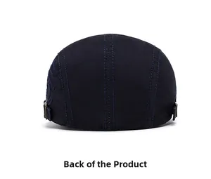 Rear view of the cotton newsboy cap showing triple stitching and metal side buckles