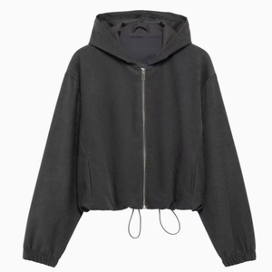 Women's black cropped hooded bomber jacket and wide leg pants set in flat lay view