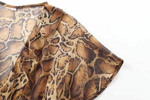 Close-up of animal print midi dress showing ruffled neckline and chiffon texture