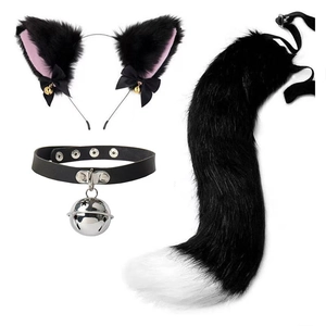 Detailed view of plush cat ears headband, bell collar, and long tail cosplay set