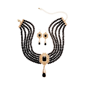 Vintage gold and black multi-layer necklace and teardrop earrings set for women