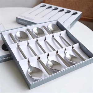 Polished stainless steel coffee spoon set in a 6-piece branded gift box packaging