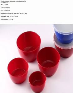 Macro view of 4-piece round PP food storage containers with colorful airtight lids