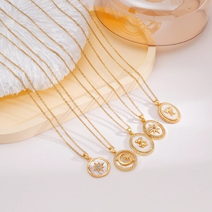 Elegant 18K gold-plated copper necklaces with shell inlay star and moon charms