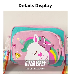 Close-up of pink and green cartoon unicorn kids crossbody bag with rainbow strap