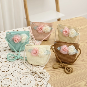 Sacs bandoulière en paille pour filles avec ruban fleuri et cordes en cinq tons pastel