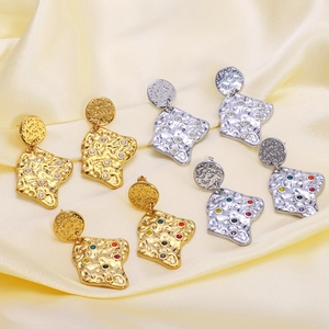 Double Layer Geometric Stainless Steel Earrings With 18K Gold Plated Hammered Texture Colorful Zircon For Women Jewelry