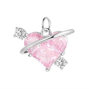 Detailed close-up of a silver heart pendant with a pink gemstone and arrow design