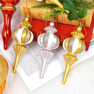 Red and white festive Christmas tree ornaments in onion and gourd shapes with glitter