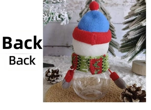 Back view of a Christmas snowman candy jar with a red hat and knit scarf detail