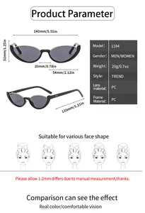 Detailed size chart for cat eye sunglasses featuring frame dimensions and PC material specs