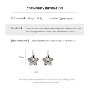 Size chart showing silver star earrings with cubic zirconia, copper material, and dimensions