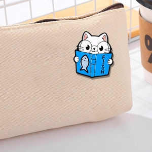 Cute cartoon white cat reading book enamel pin on beige canvas bag school style brooch