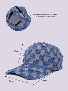Detail of adjustable metal buckle on denim checkered baseball cap fitting 54-60cm head