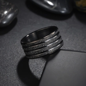 Black matte finish multi-groove wedding ring for men with sandblasted texture