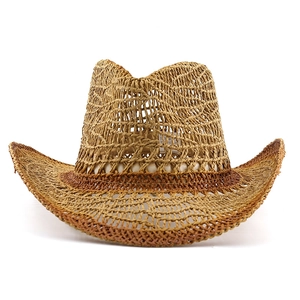 Hollow Out Cowboy Straw Hat Breathable Paper Sun Protection Western Style Gradient Wide Brim Summer Outdoor Beach