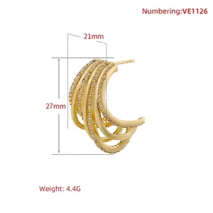 Retro multi-layer hollow C-shaped gold hoop earrings with zircon, size 27x21mm