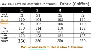 Size guide for tiered printed chiffon dress showing bust, waist, and length measurements
