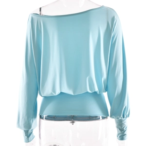 Detail of light blue one-shoulder long sleeve top with slim-fit waist design