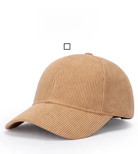 Detail of camel corduroy baseball cap with white embroidered R letter on front