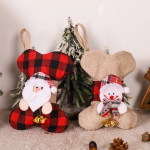 Plaid bone-shaped Christmas pet stockings with Santa and Snowman for holiday decor