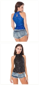 Detaillierte Vorder- und Rückansicht eines sexy Pailletten-Halter-Tops in Blau und Schwarz