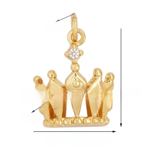 Detailed view of crown-shaped gold pendant with white zircon inlay measuring 17mm by 13mm
