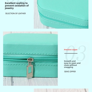 Detailed close-up of premium PU leather texture and smooth metal zipper of the jewelry box