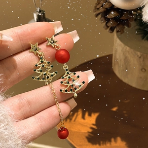 Detail of asymmetrical Christmas tree earrings with green rhinestones and red beads