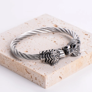Punk style stainless steel cable bracelet featuring vintage tiger head terminals for men
