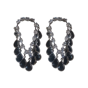 Elegant black teardrop zircon tassel earrings with silver needle and sparkling crystals