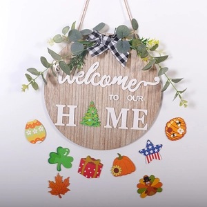 Wooden welcome door sign with interchangeable holiday icons and plaid bow for home decor