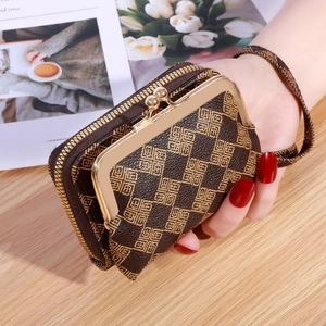 Brown geometric pattern coin purse with metal clasp and woven wrist strap